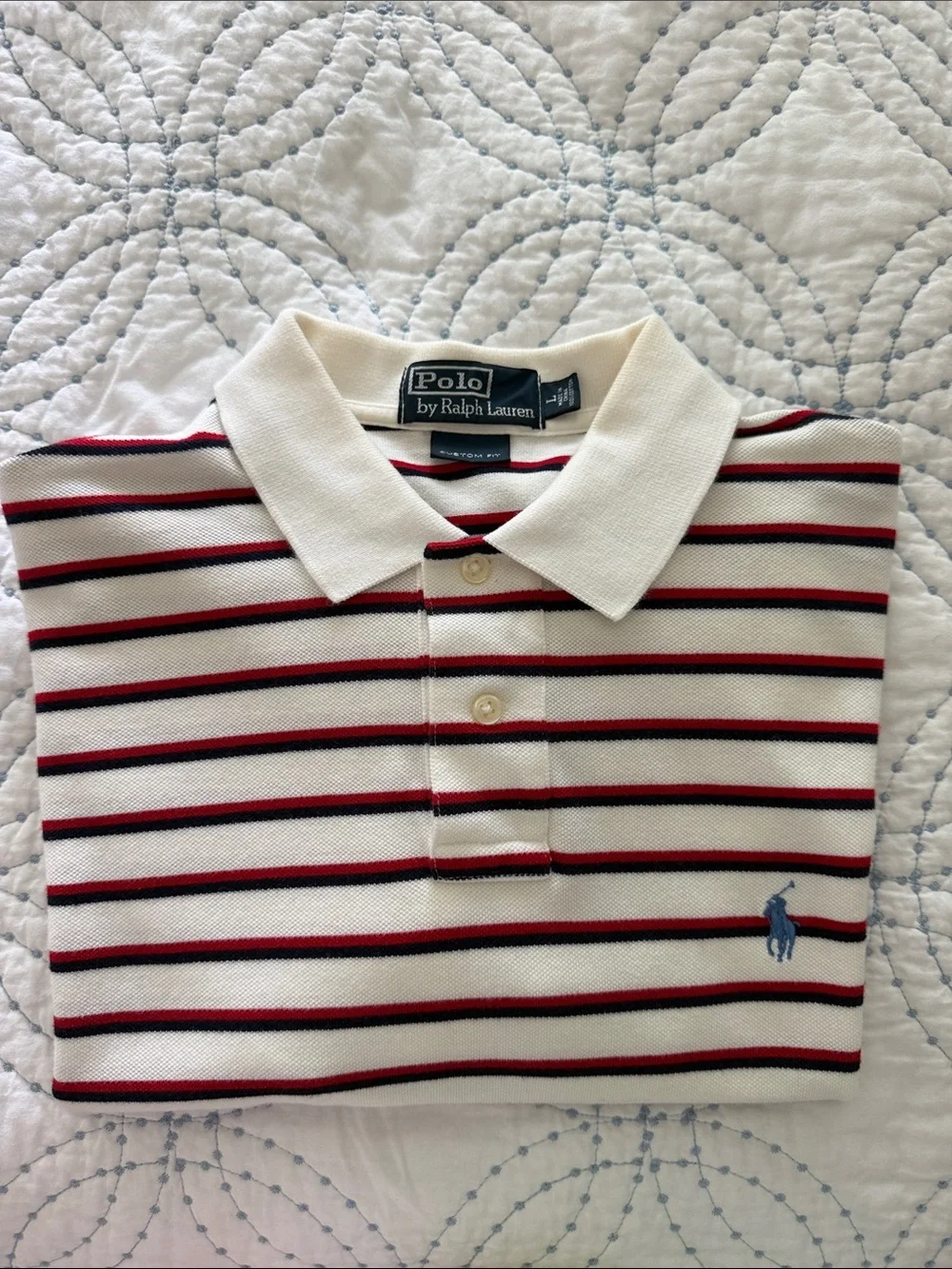 Polo by Ralph Lauren White Polo with Red/Black Stripes & Blue Pony Custom Fit L